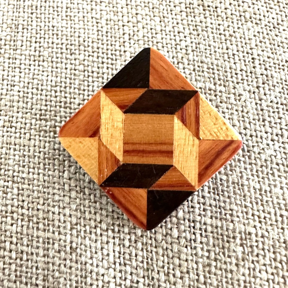 NEW Handmade Artisan Geometric Inlaid Wood Marquetry Brooch Pin 4 Woods OOAK